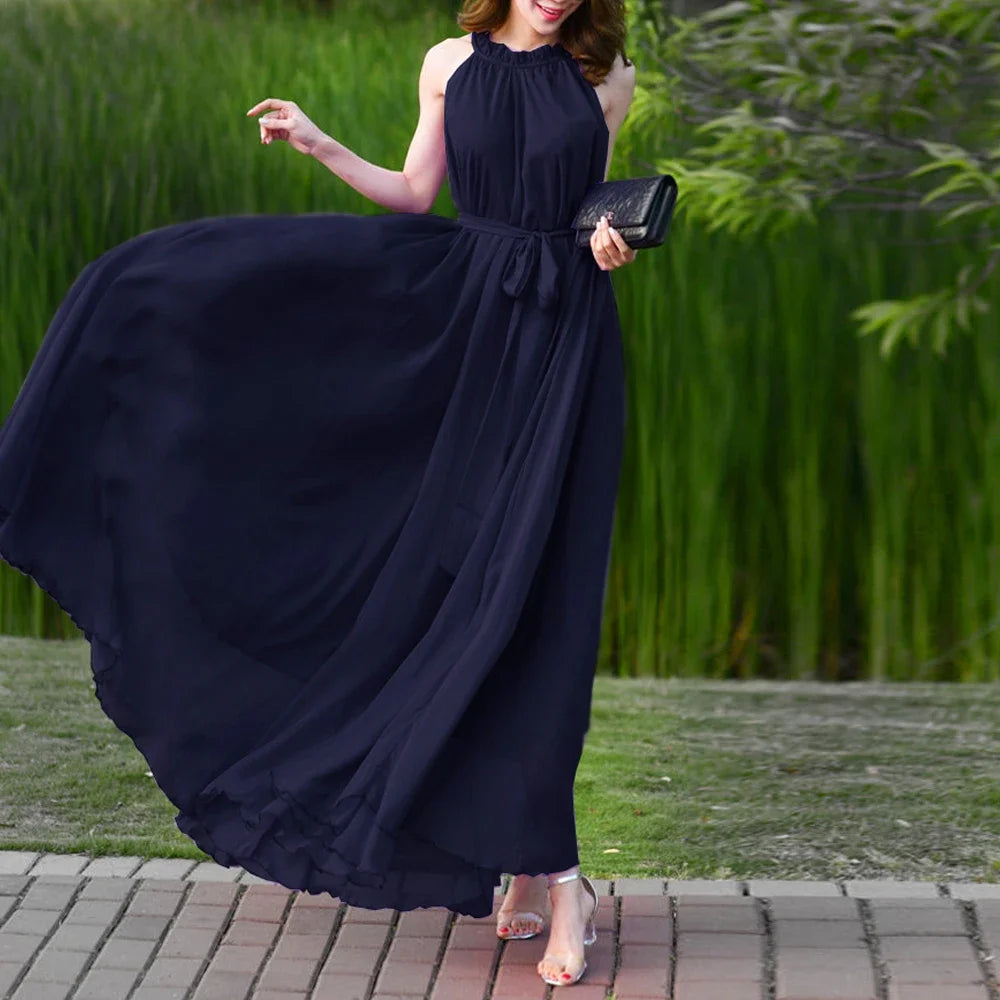 New Women Soft Chiffon Party Dress 9 Colors  Size 9 Halter Pleated Sleeveless Maxi Dress Womens Loose Clothing For Women