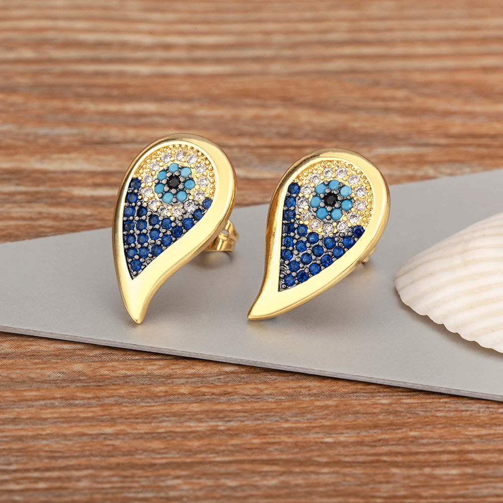 Turkish Evil Eye Colorful Zircon Stud Earrings For Women Water Drop Gold Plated Crystal Ear Jewelry Gift