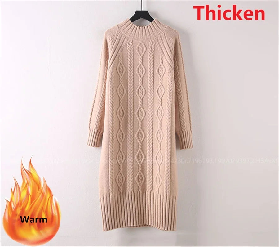 Winter Thicken Plush Velvet Lined Sweater Dress Women's Fall Half Turtleneck Rib Knit Bottom Dresses Elegant Warm Vestido Midi