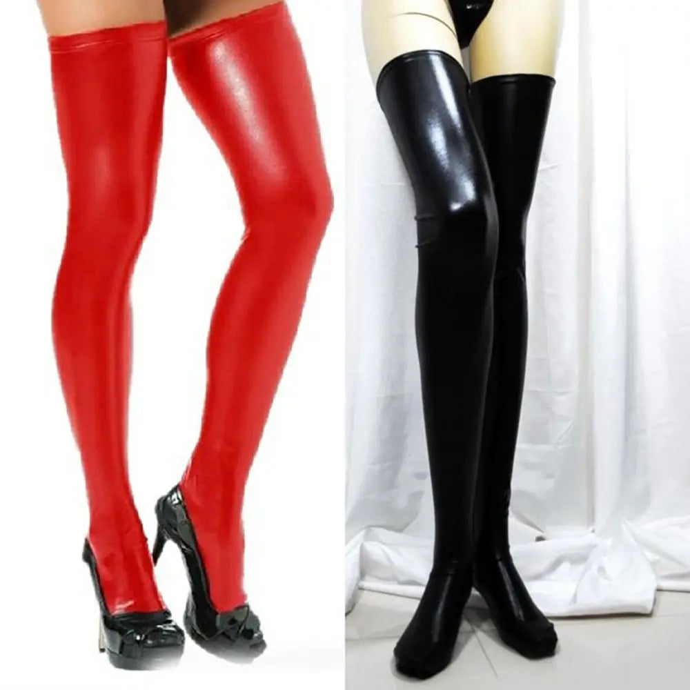 New Women Thigh High Socks Over Knees Socks PU Leather Casual Long Overknee Socks Black Red Silver Gold Stockings