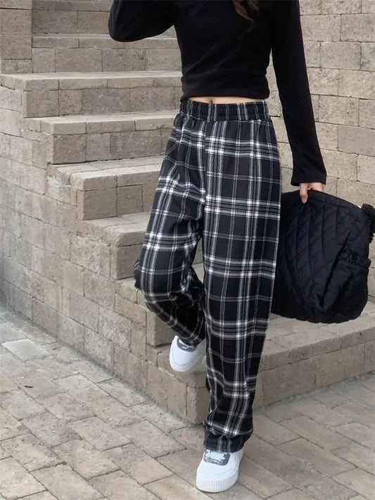 Fashion Warm Plush Pants Cashmere Thick Plaid Ladies Winter Casual Loose Wide-legged Pants Korean Streetwear Students