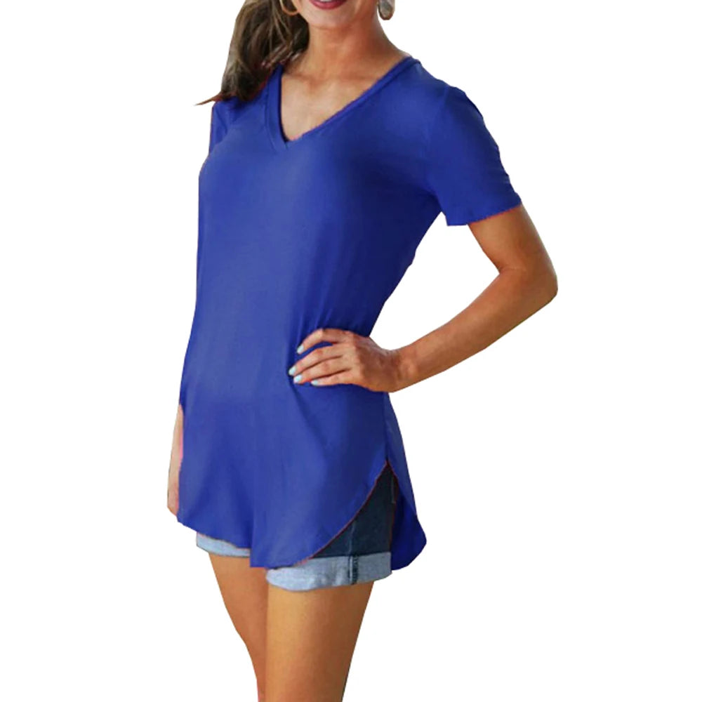 Summer solid color blouse V-neck short sleeve loose T-shirt hem arc women clothes