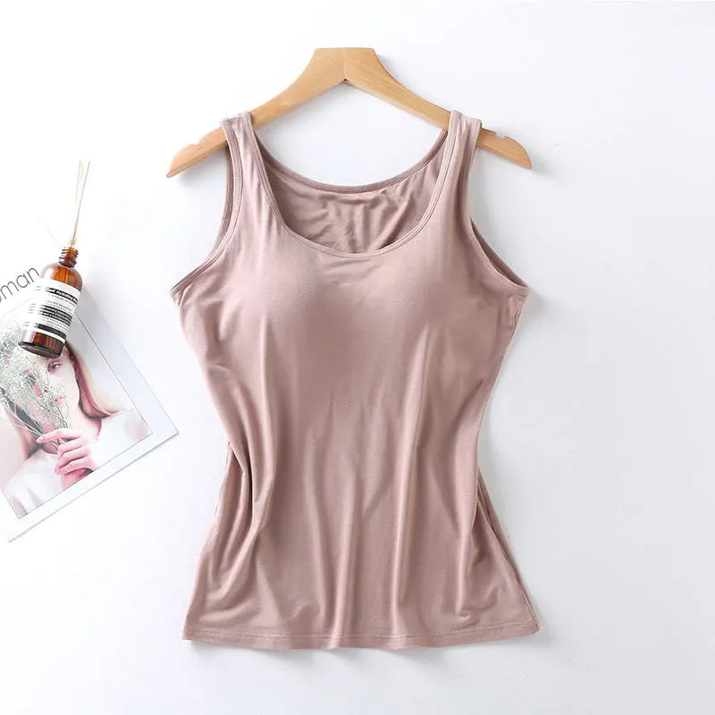 Women's Vest Tops With Built In Bra Neck Vest Padded Slim Fit Tank Tops Sexy Shirts Feminino Casual Underlay shirt slimming