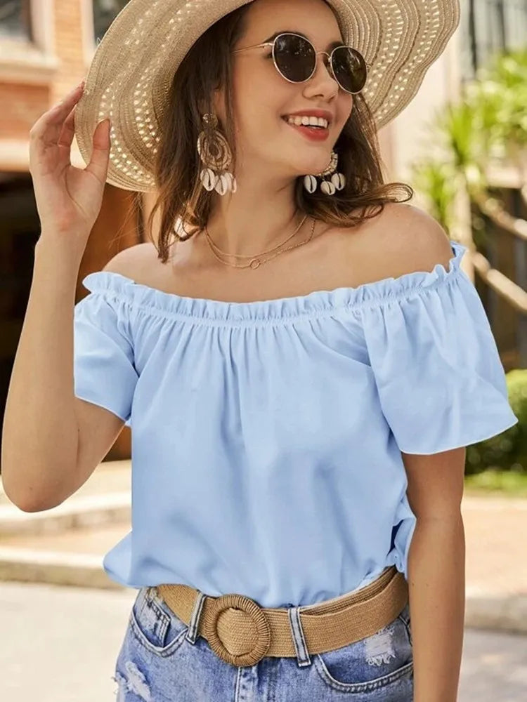 Spring/Summer New Off Shoulder Ruffle Edge Shirt for Women