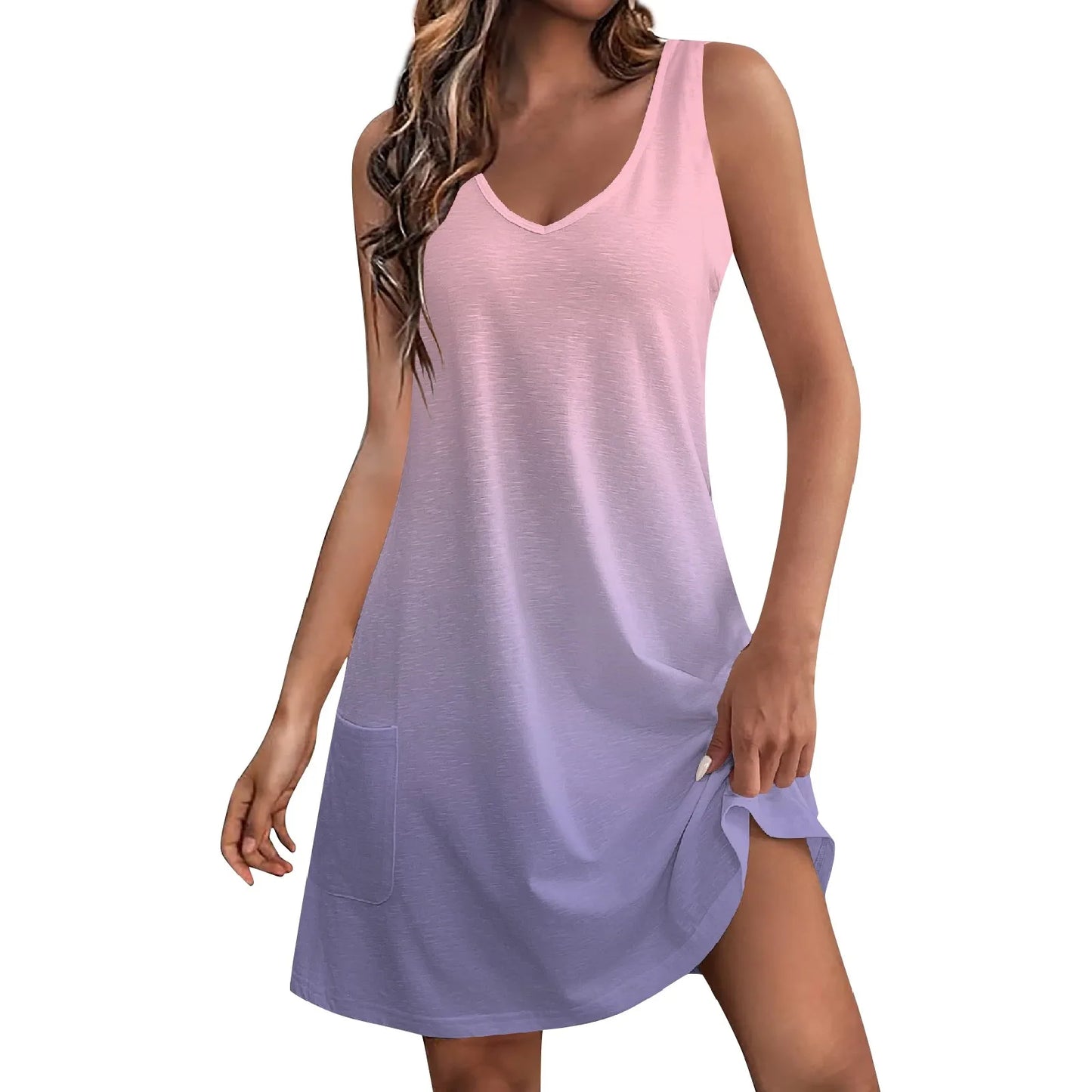 Women'S Casual Sundress With Pockets Summer Beach Dress Gradient Floral Blouses For Women T-Shirts Dress V Neck Loose Tank