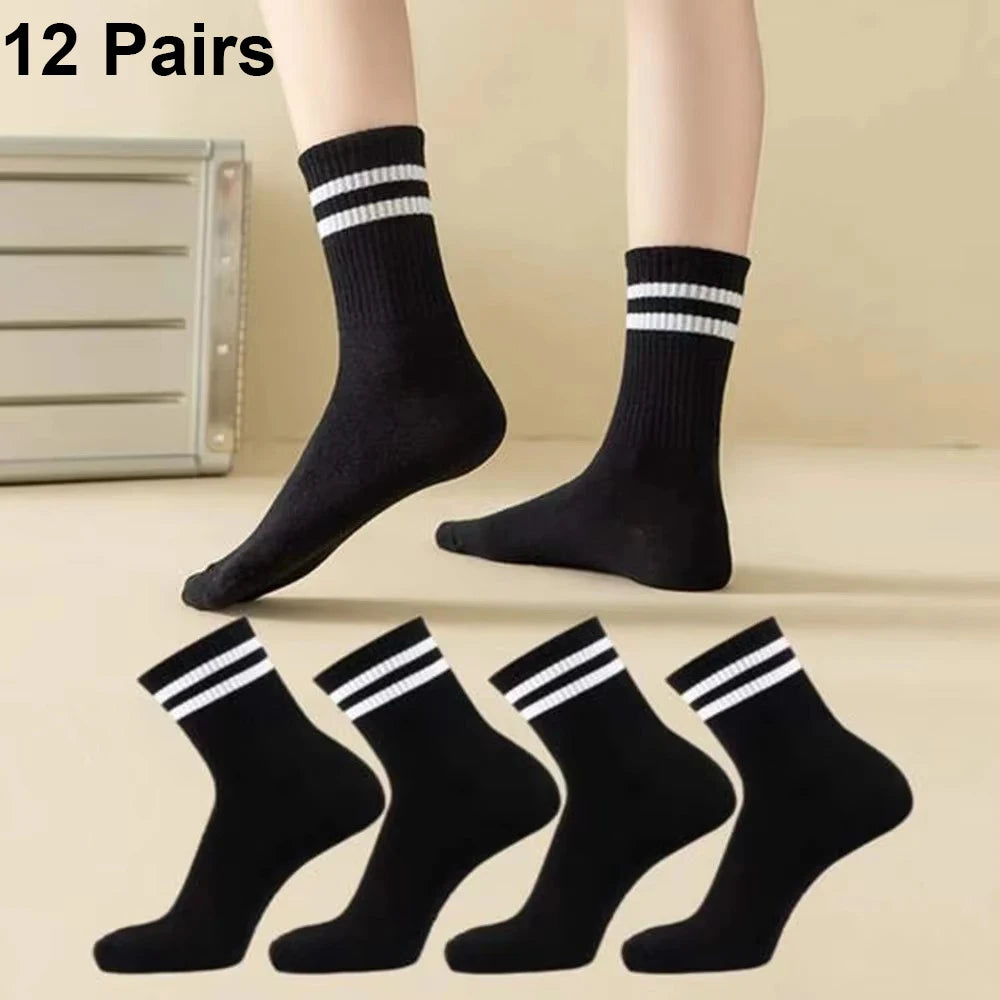 4/8/12 Pairs Versatile Women's Socks Parallel Bar Pattern Fashion Breathable Autumn High Quality Women's Mid Length Socks