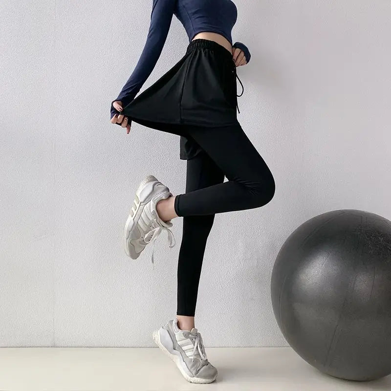 Two Pieces Spring Women High Waisted Motion Slim Trousers Solid Color Elastic Waist Drawstring Elastic Force Fitness Pants