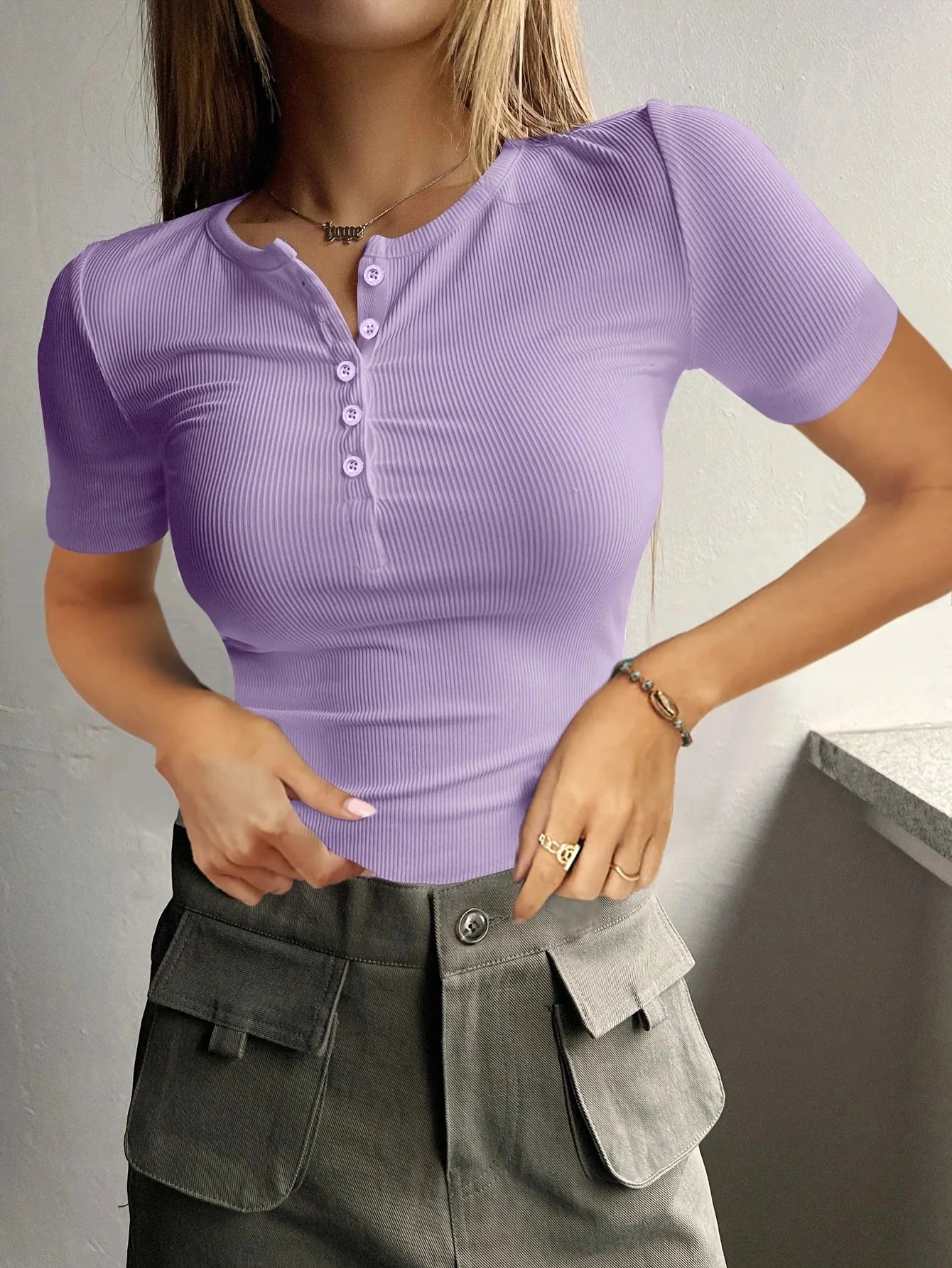 Women's New Short sleeved Button Ribbed Slim Fit Knitted