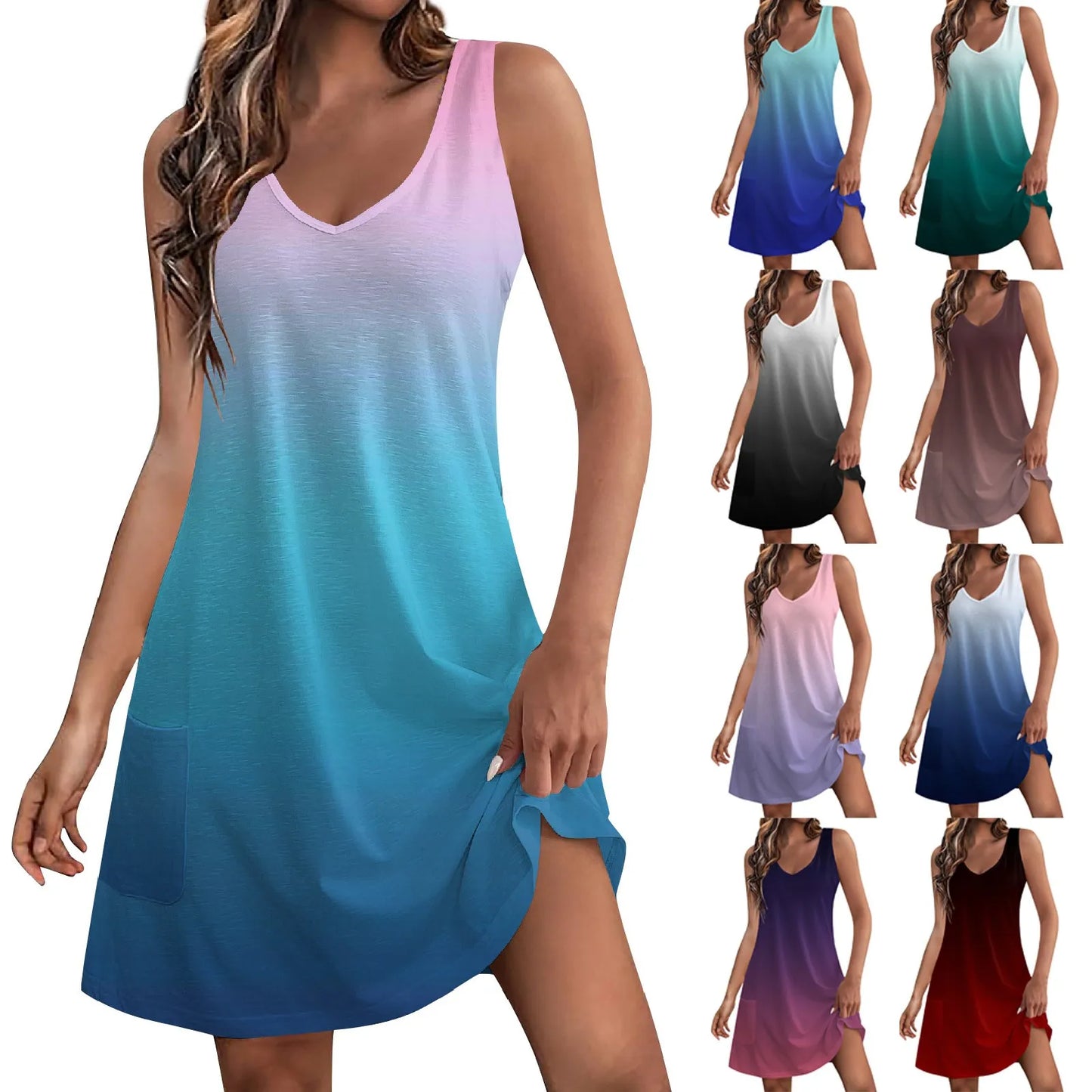 Women'S Casual Sundress With Pockets Summer Beach Dress Gradient Floral Blouses For Women T-Shirts Dress V Neck Loose Tank