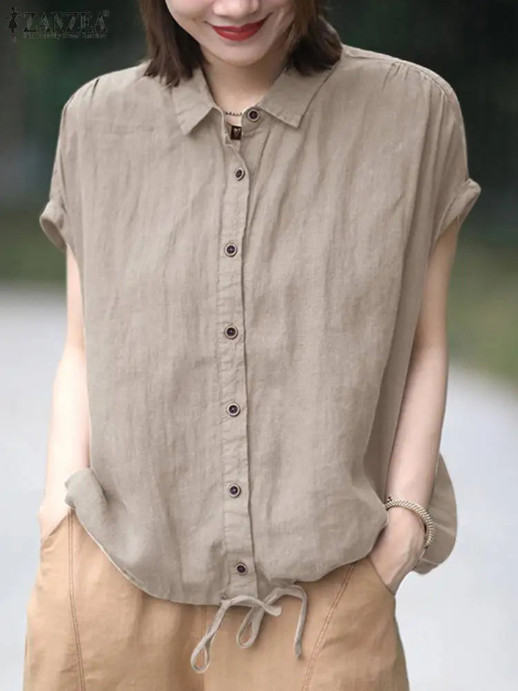 Summer Shirt Women Short Sleeve Blouse Elegant Solid OL Work Tops Casual Lapel Neck Buttons Down Blouses Female Chemise