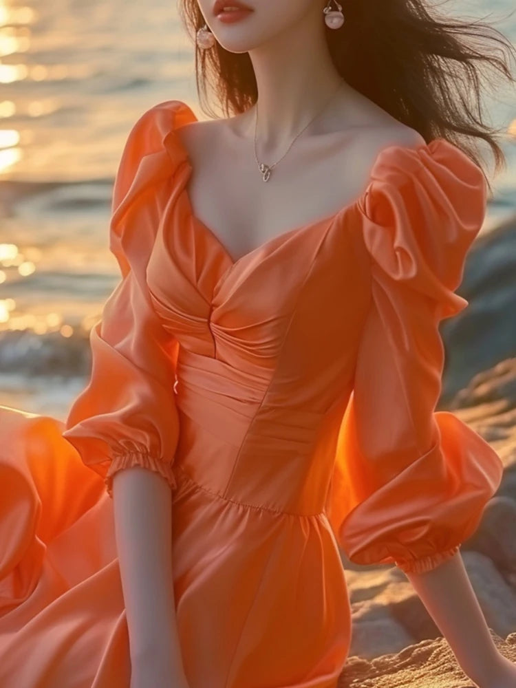 Beach Orange Satin Dress Summer Women's High-End Chic Elegant French Dresses Y2K V-Neck Five-Sleeve Bohemian Party Vestidos