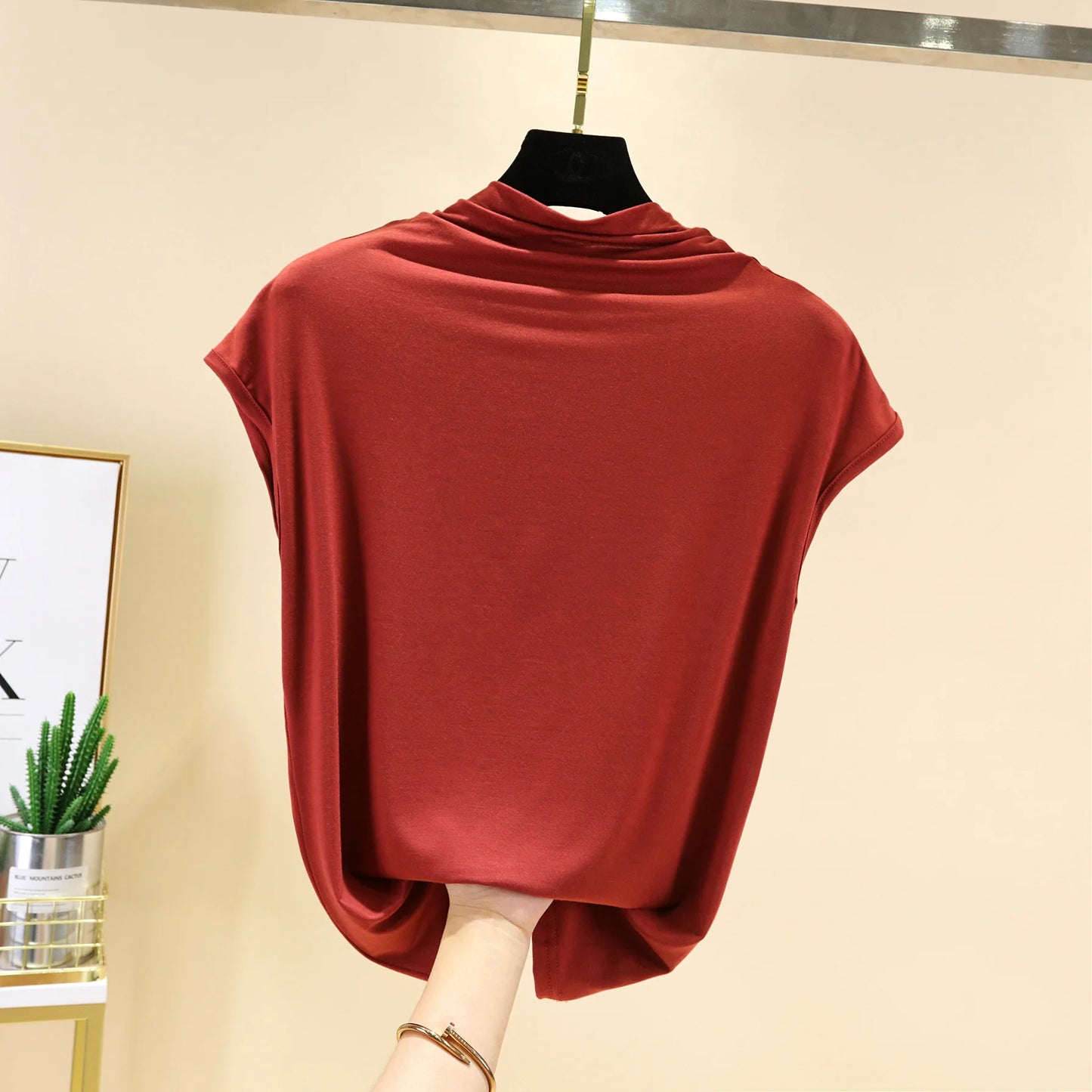 Modal MockNeck Tshirt Sleeveless Summer Women Slimming T-Shirt Solid color Soft Basic Tee Tops