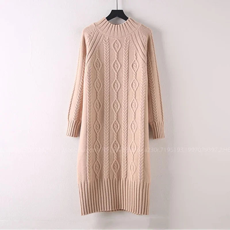 Winter Thicken Plush Velvet Lined Sweater Dress Women's Fall Half Turtleneck Rib Knit Bottom Dresses Elegant Warm Vestido Midi