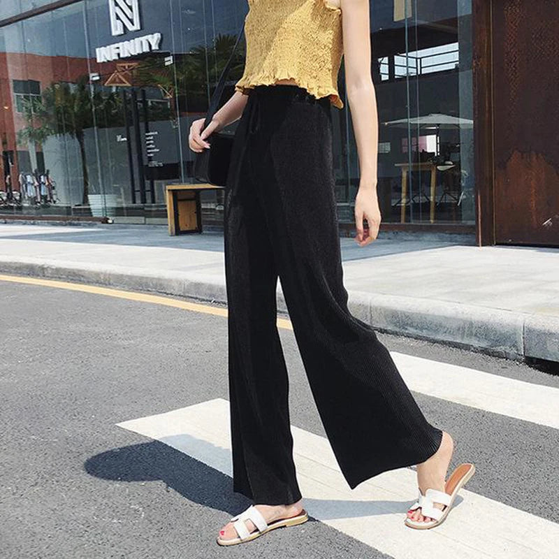 Women's Wide Leg Pants Pleated Ice Silk Trousers Elastic Waist Loose Casual Pants