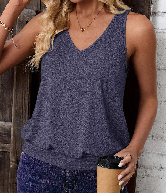 New Summer Women's V-neck Plain Color Casual Draw Foot Sleeveless Tank Top Comfortable T-Shirt