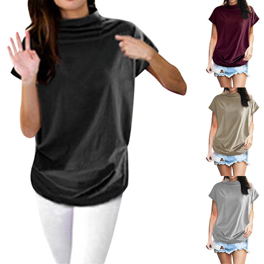 Women Turtleneck Short Sleeve Cotton Solid Casual Blouse Top T Shirt Plus Women's loose high necked short sleeved bottom shirt