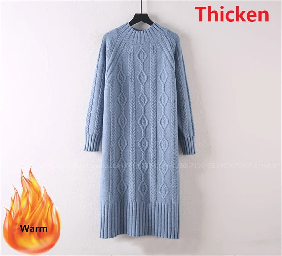 Winter Thicken Plush Velvet Lined Sweater Dress Women's Fall Half Turtleneck Rib Knit Bottom Dresses Elegant Warm Vestido Midi