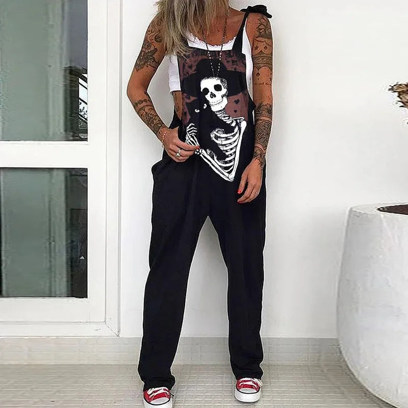 Fashion Gothic Skull Print Jumpsuits Women Spaghetti Strap Trouser Sexy Pocket Design Overalls Plus Size 4xl