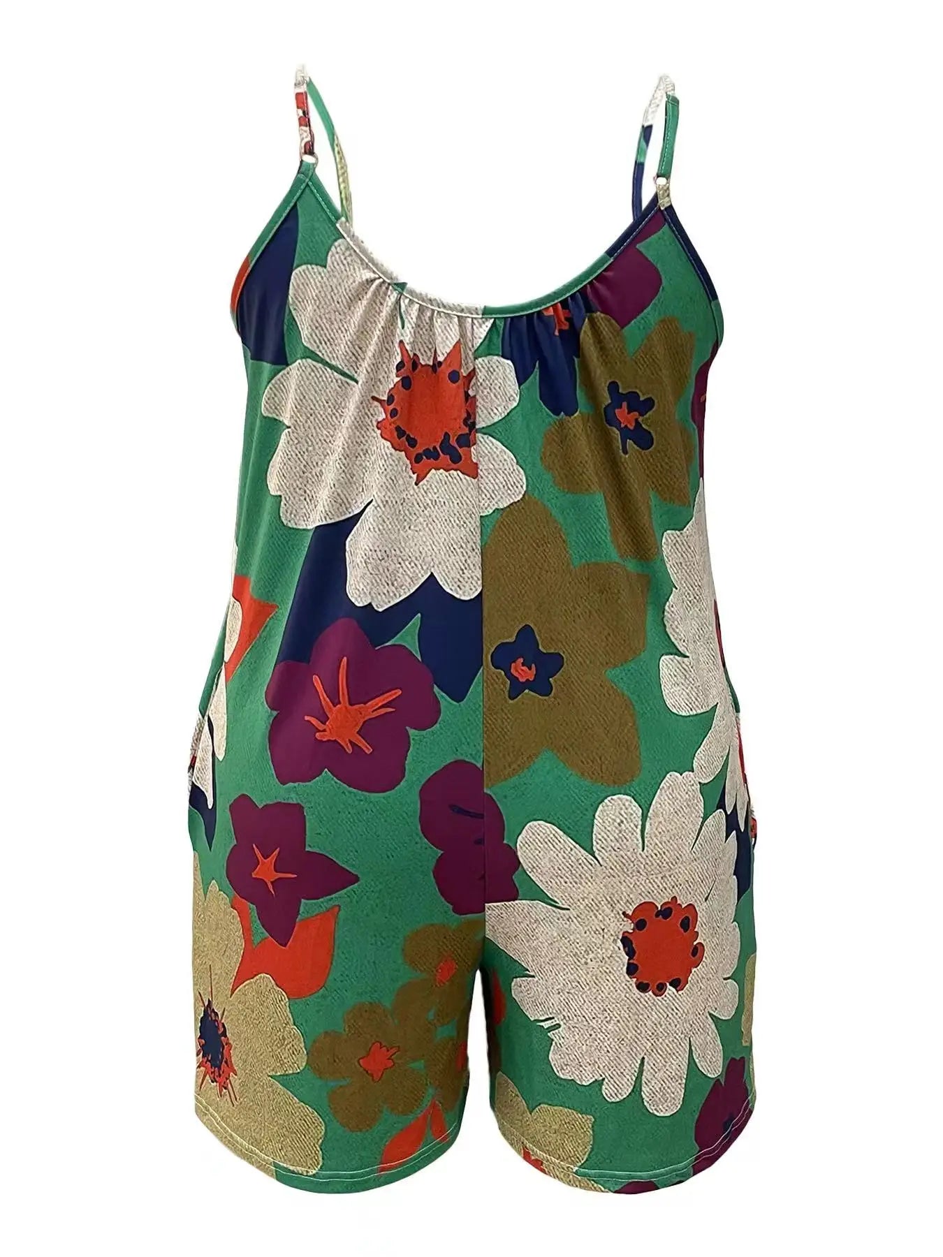 Plus Size Colorful Floral Print Cami Romper Jumpsuit Vacation Style Ruched Pocket Sleeveless Romper Jumpsuit, Women's Plus Size