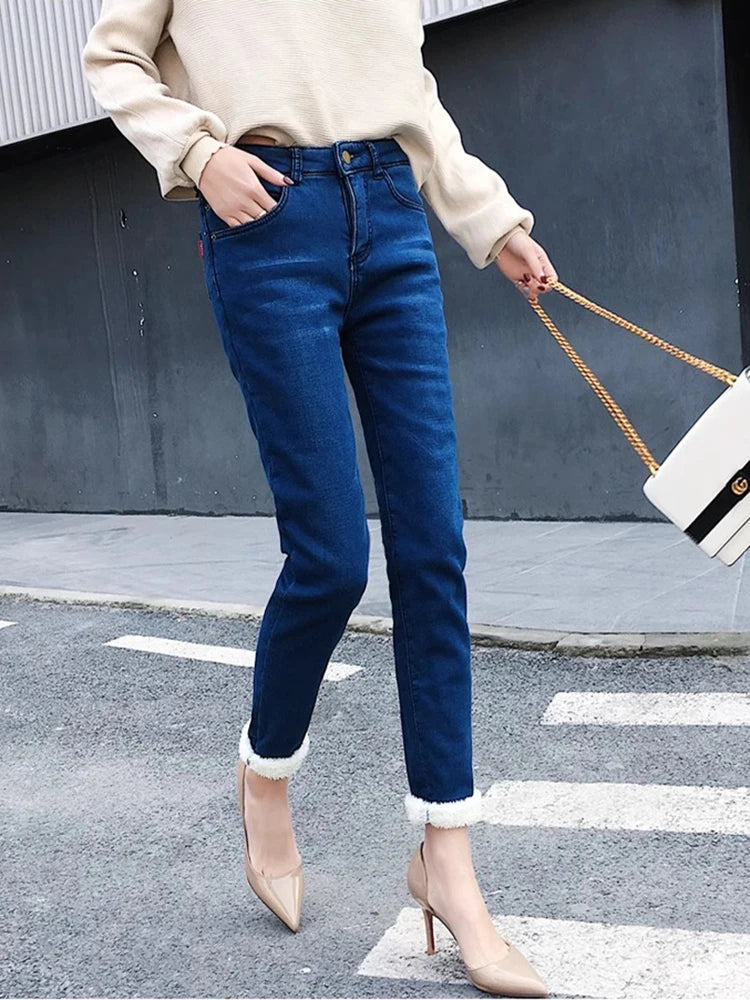 Winter Pencil Jeans Women Thicken Lamb Fluff Skinny Denim Pants High Waist Warm Lambwool Lined Stretch Vaqueros Big Size 34 Jean