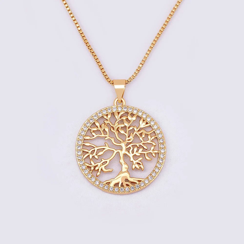 Tree of Life Gold Plated Crystal Necklaces & Pendants Women Zircon Chain Jewelry Collier Femme