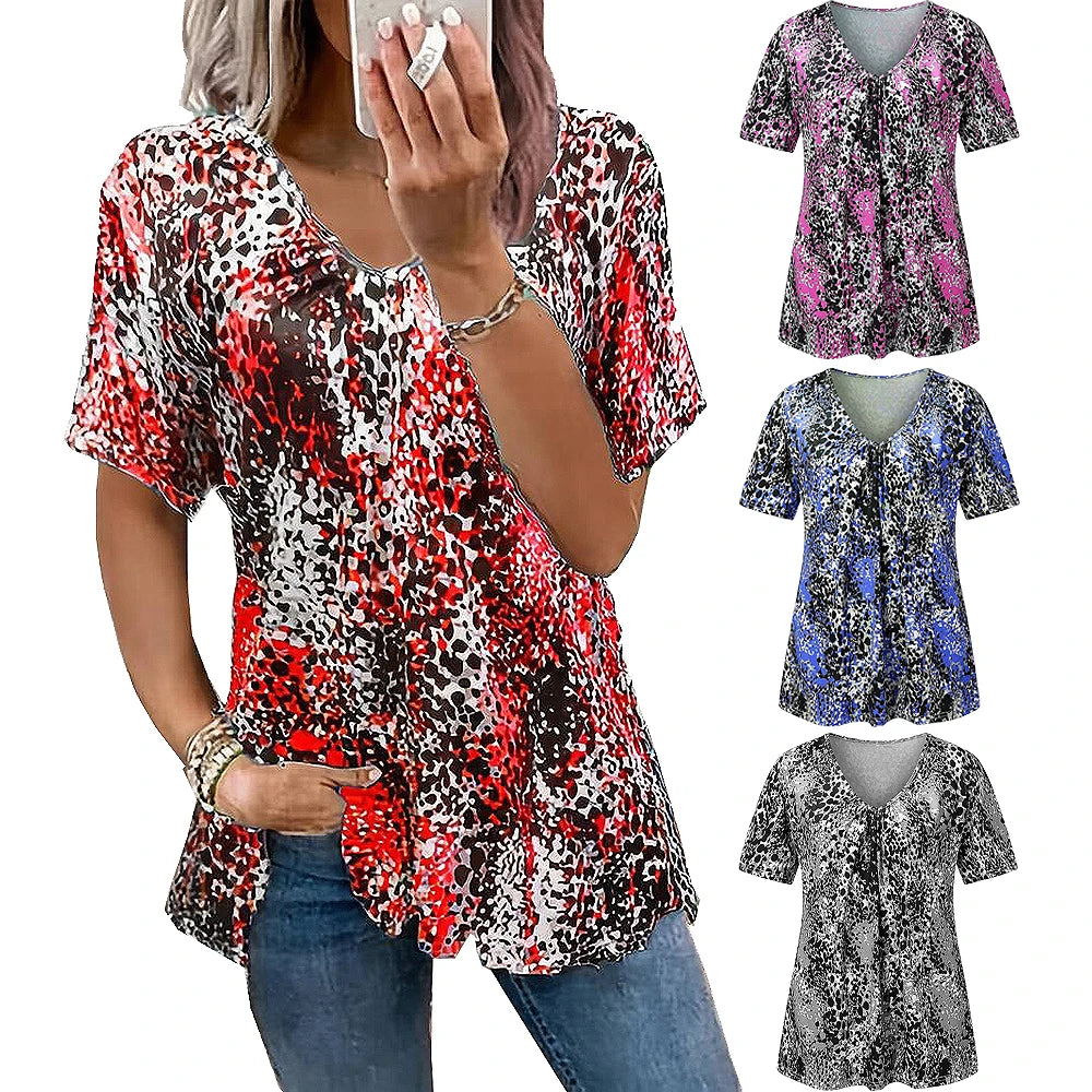 summer fashionable blouse digital print leopard print blouse chest pleated V neck short sleeve casual T-shirt women