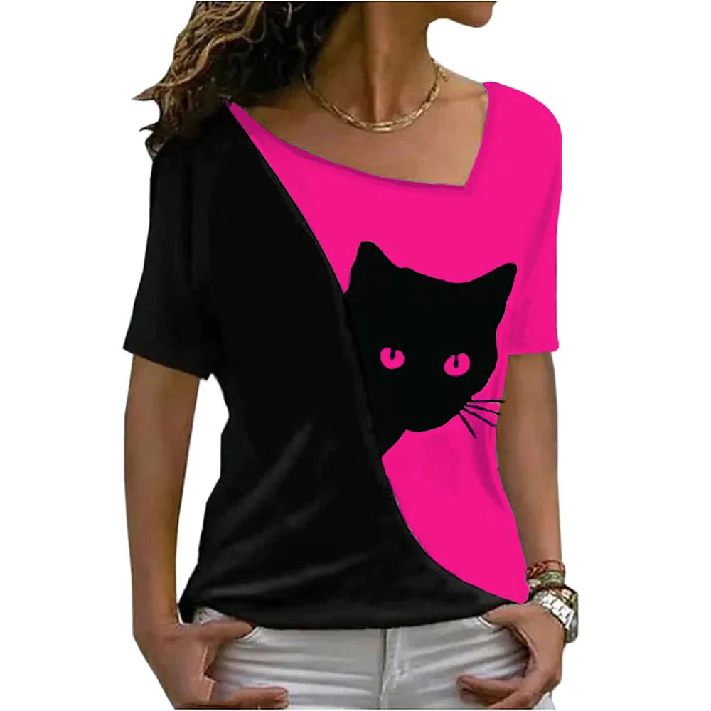 women’s blouse new style inclined collar black cat print short sleeve T-shirt women