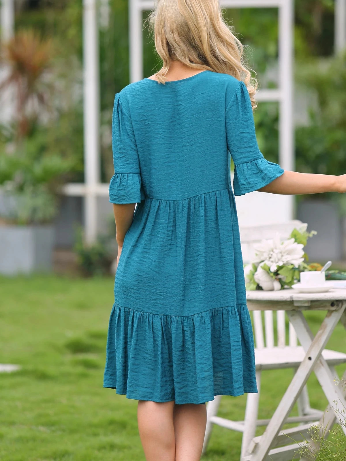 II 2023 Spring Summer Women Short Sleeve Tunic Ruffle Dress Solid Color Casual Split V Neck Dresses Loose Swing Mini Dress