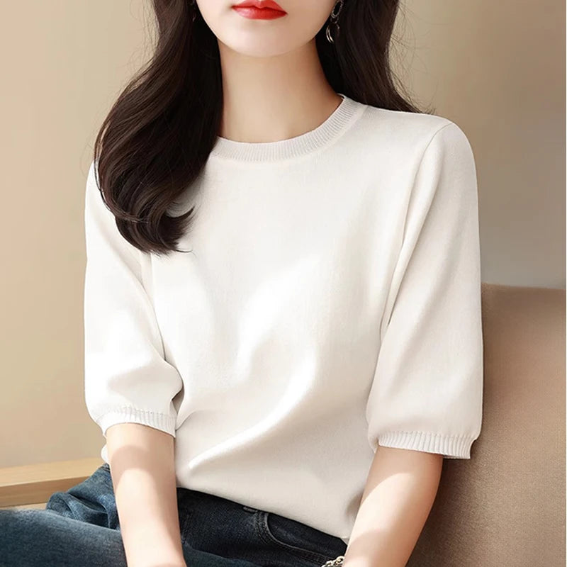 Women Knitted T Shirt Korean Fashion Half Sleeve Simple Tees 2024 Summer Round Neck Tunics Casual Loose Solid Basic Tops