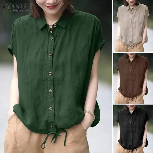 Summer Shirt Women Short Sleeve Blouse Elegant Solid OL Work Tops Casual Lapel Neck Buttons Down Blouses Female Chemise