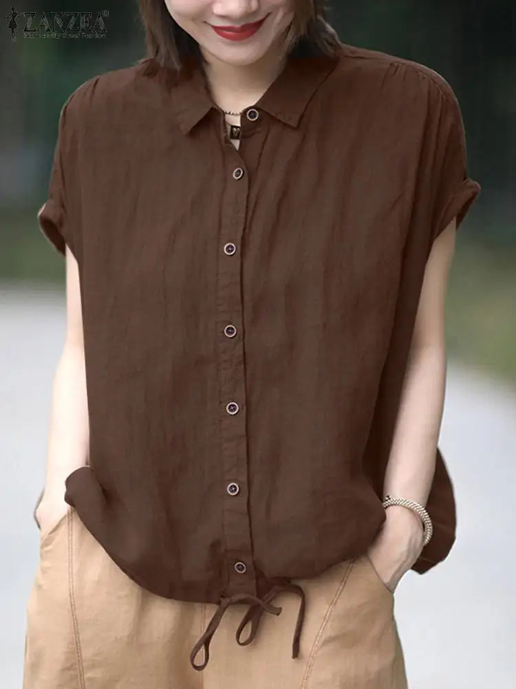 Summer Shirt Women Short Sleeve Blouse Elegant Solid OL Work Tops Casual Lapel Neck Buttons Down Blouses Female Chemise