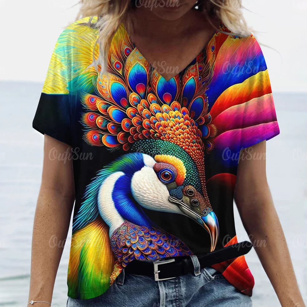 Women's T Shirt Tee 3d Peacock Feathers Print Daily Fashion Short Sleeve Aesthetics Casual V Neck Casual T-Shirts For Woman