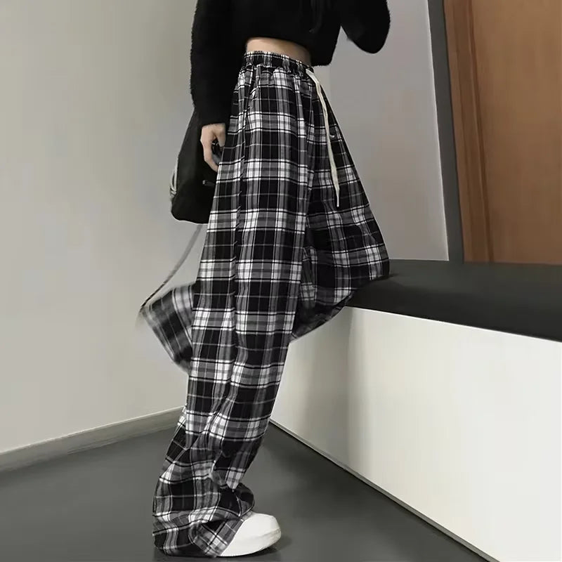 High-waisted Wide-leg Pants Casual Straight Hit Color Plaid Elastic Waist Dragging Pants