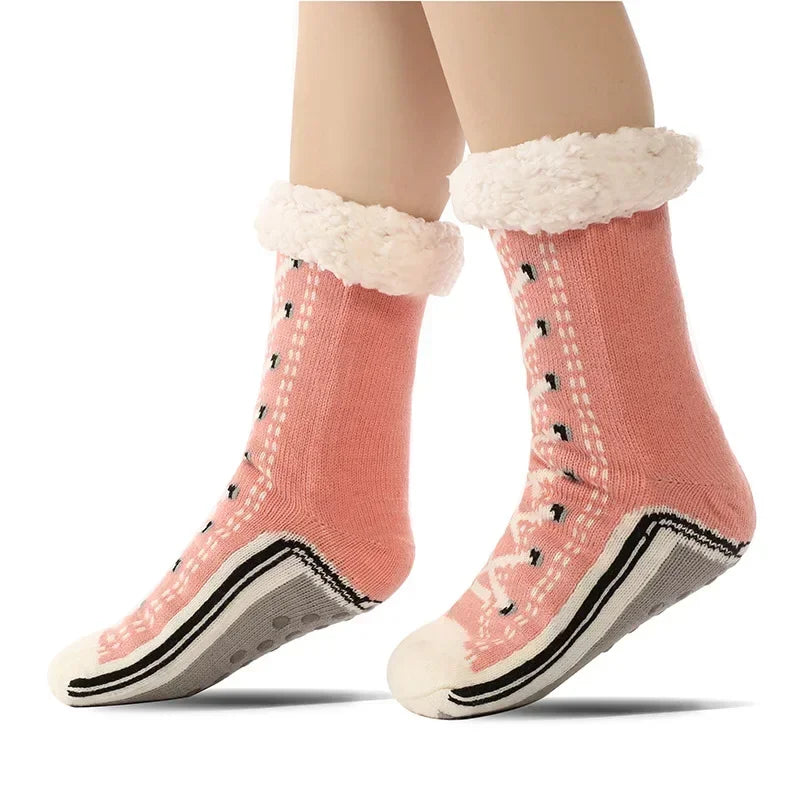 Thermal Fluffy Sock Women Winter Warm Plush Non Slip Home Sleeping Soft Female Floor Grip Fuzzy Slipper Sock Short Funny Zipper