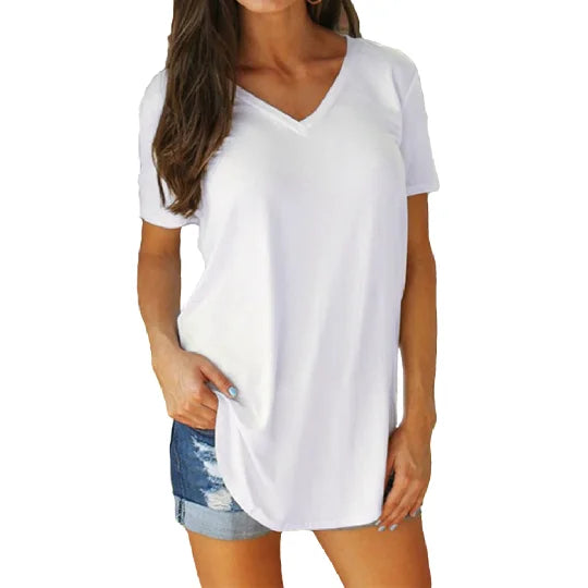 Summer solid color blouse V-neck short sleeve loose T-shirt hem arc women clothes