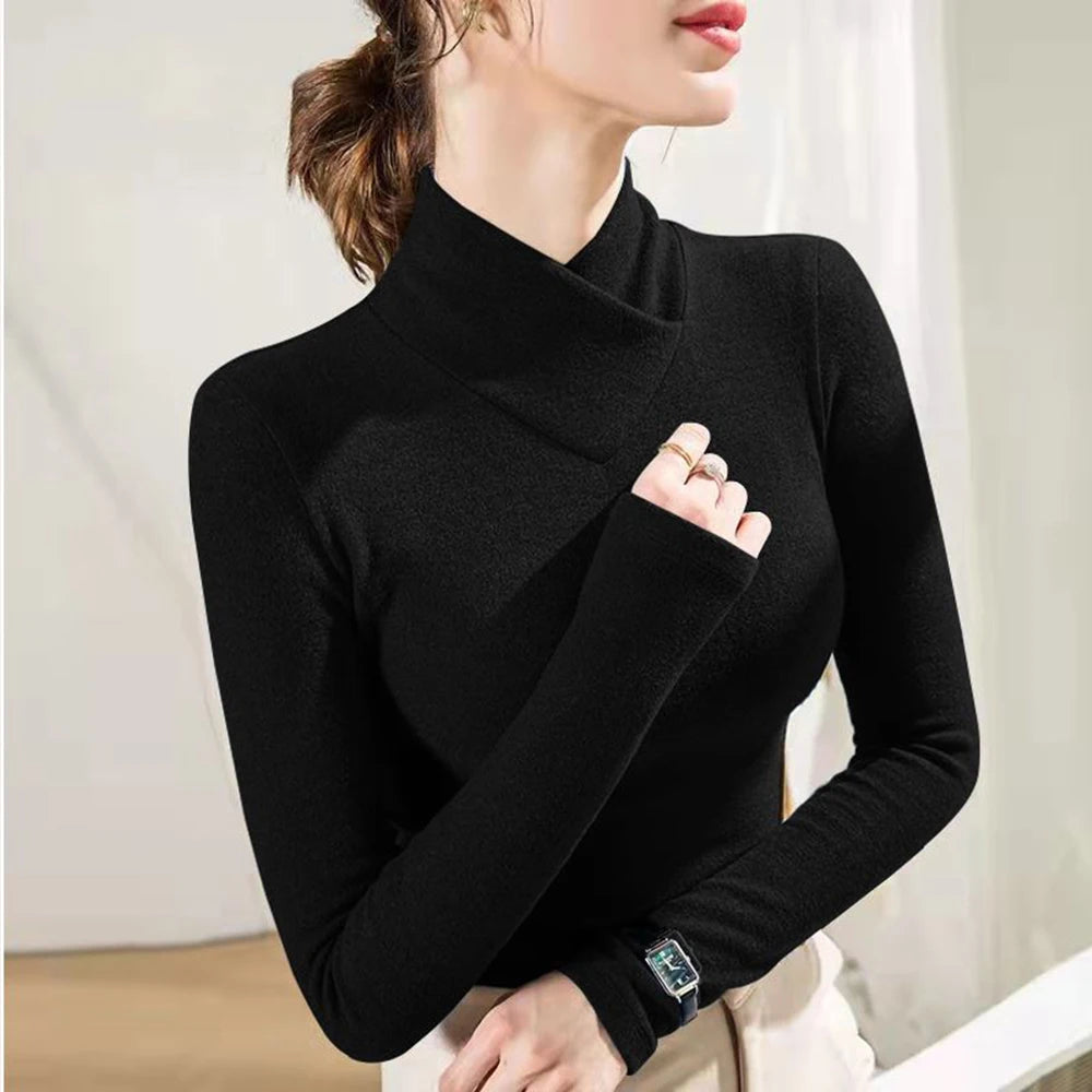 High Collar Sweater Women's T-shirt Fashion Pullover Elastic Top S-3XL Black Knitted Pullover Long Sleeve Underlay All Season