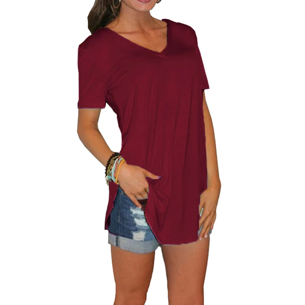 Summer solid color blouse V-neck short sleeve loose T-shirt hem arc women clothes