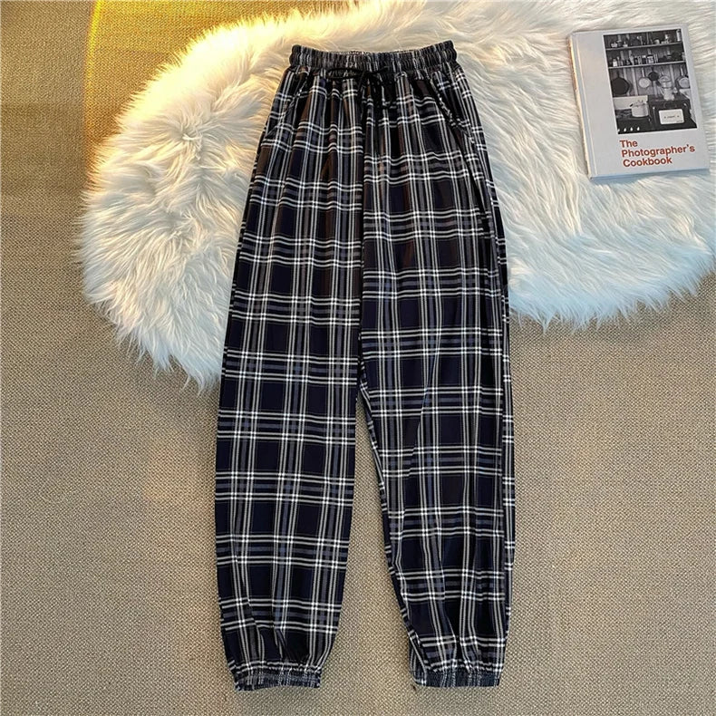 Pants Women New Bunch of feet Fashion Loose Black Plaid Summer Students Streetwear Harem Long Trousers Women Chic