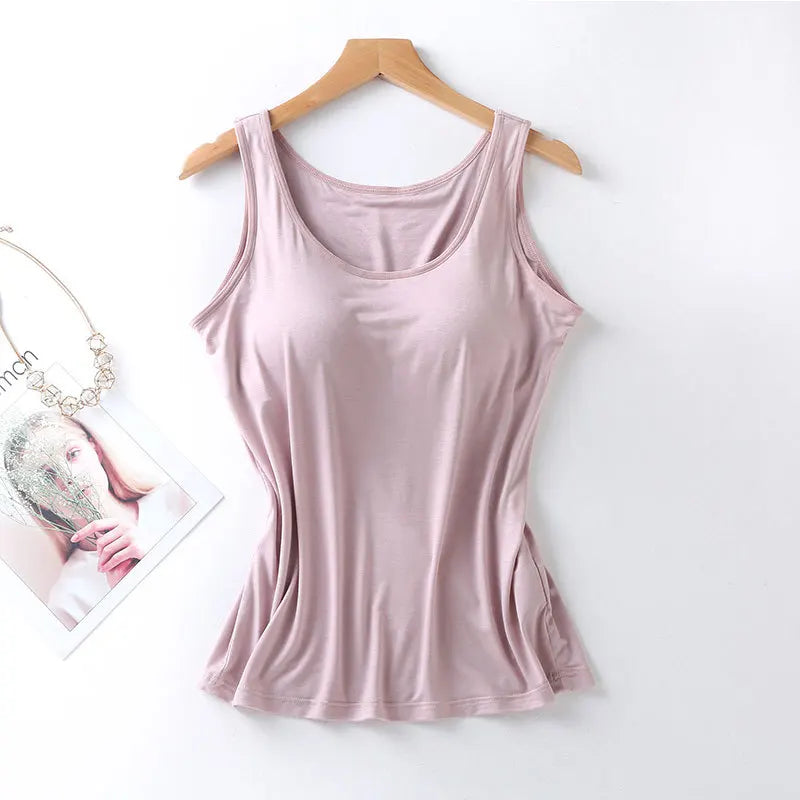 Women's Vest Tops With Built In Bra Neck Vest Padded Slim Fit Tank Tops Sexy Shirts Feminino Casual Underlay shirt slimming