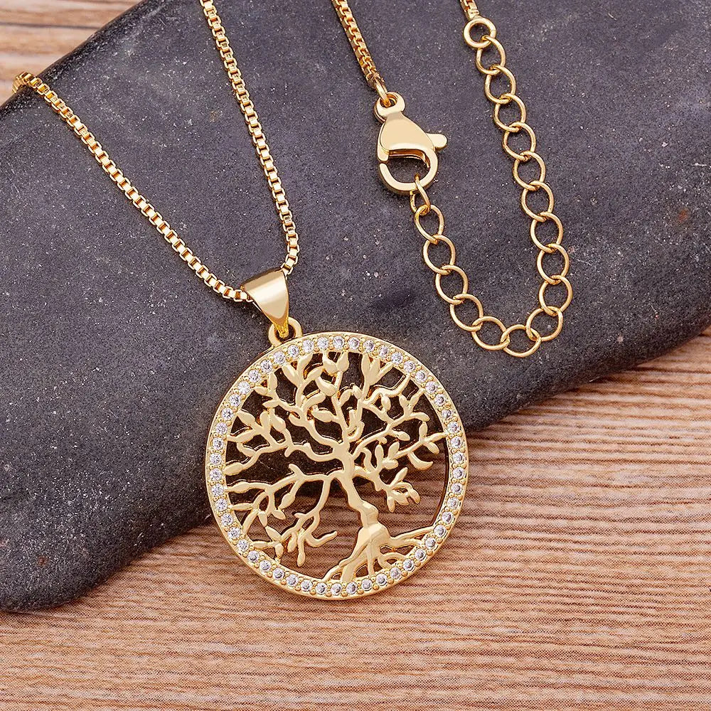 Tree of Life Gold Plated Crystal Necklaces & Pendants Women Zircon Chain Jewelry Collier Femme