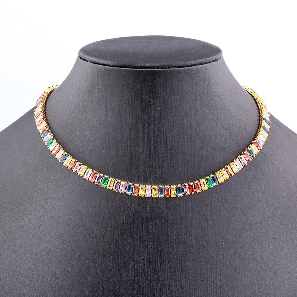 Colorful Necklace for Women Rectangular Full Zircon Neck Jewelry Adjustable Wedding Party Gift