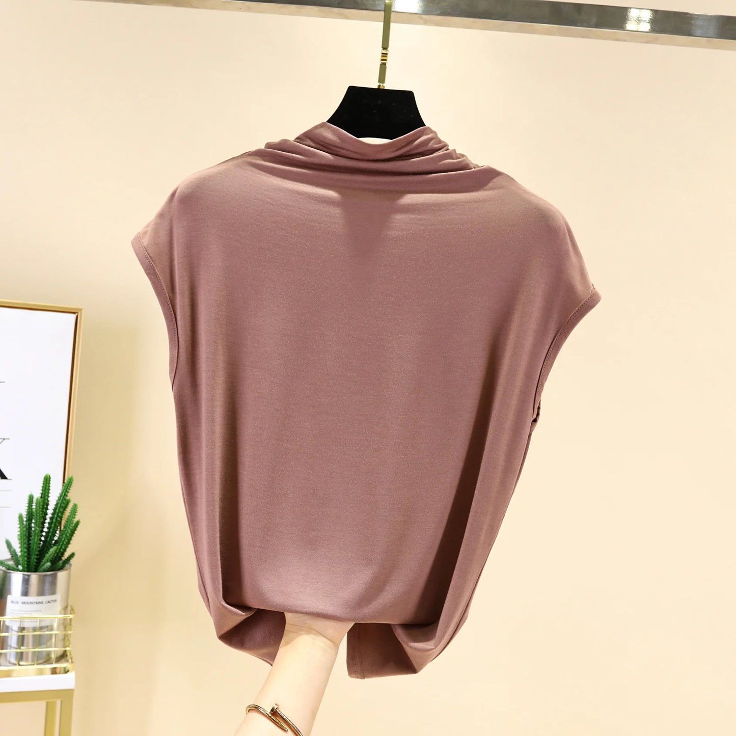 Modal MockNeck Tshirt Sleeveless Summer Women Slimming T-Shirt Solid color Soft Basic Tee Tops