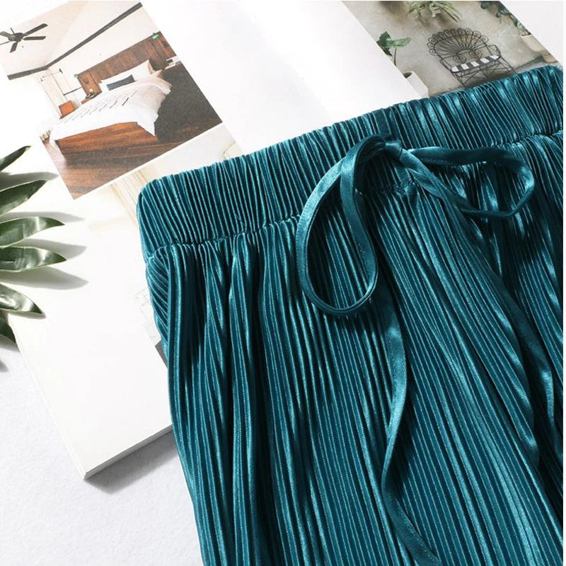 Women's Wide Leg Pants Pleated Ice Silk Trousers Elastic Waist Loose Casual Pants