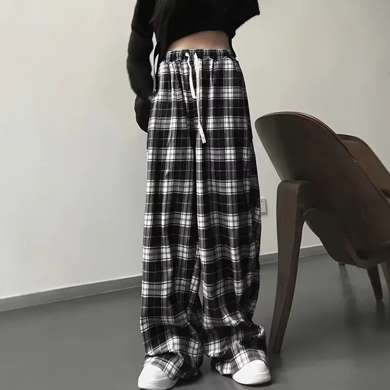 High-waisted Wide-leg Pants Casual Straight Hit Color Plaid Elastic Waist Dragging Pants