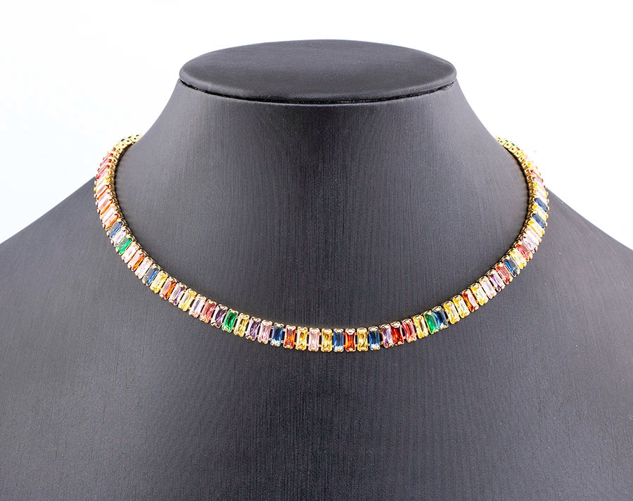 Colorful Necklace for Women Rectangular Full Zircon Neck Jewelry Adjustable Wedding Party Gift