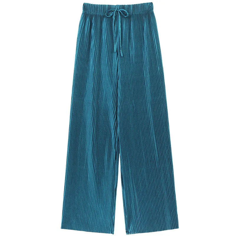 Women's Wide Leg Pants Pleated Ice Silk Trousers Elastic Waist Loose Casual Pants