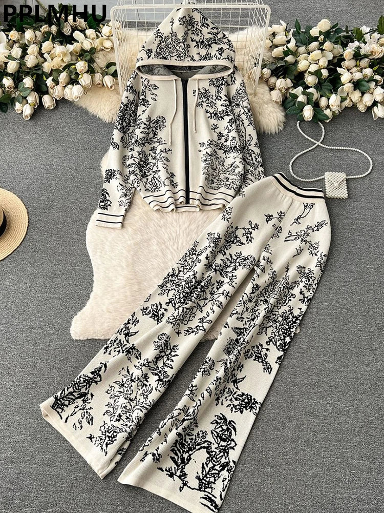 2 Piece Sets Women Casual Knitwear Hooded Zipper Sweatshirts Coats Conjunto High Waist Wide Leg Pants Suits