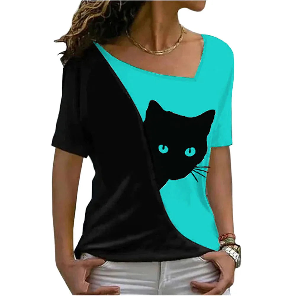 women’s blouse new style inclined collar black cat print short sleeve T-shirt women