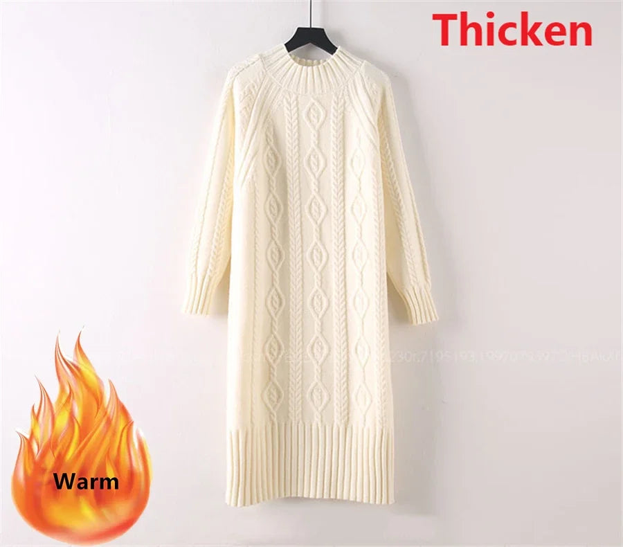 Winter Thicken Plush Velvet Lined Sweater Dress Women's Fall Half Turtleneck Rib Knit Bottom Dresses Elegant Warm Vestido Midi