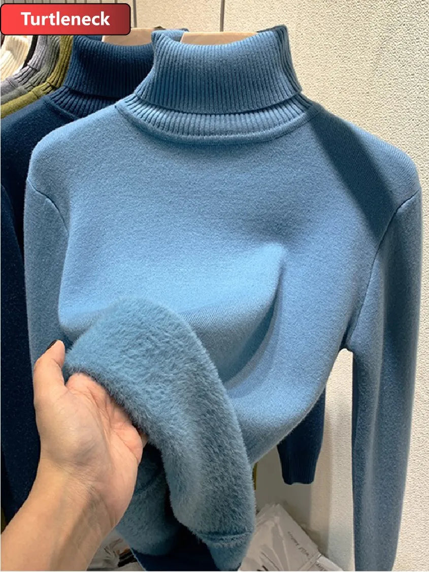 Thicken Velvet Turtleneck Sweater Women Korean Fashion Lined Warm Sueter Knitted Pullover Slim Top Winter Jersey Knitwear Jumper